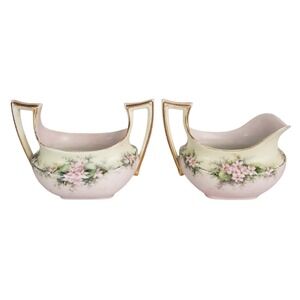 VTG Porcelain Favorite Bavaria Sugar Bowl & Creamer‎ Floral Pink Roses Gold Trim